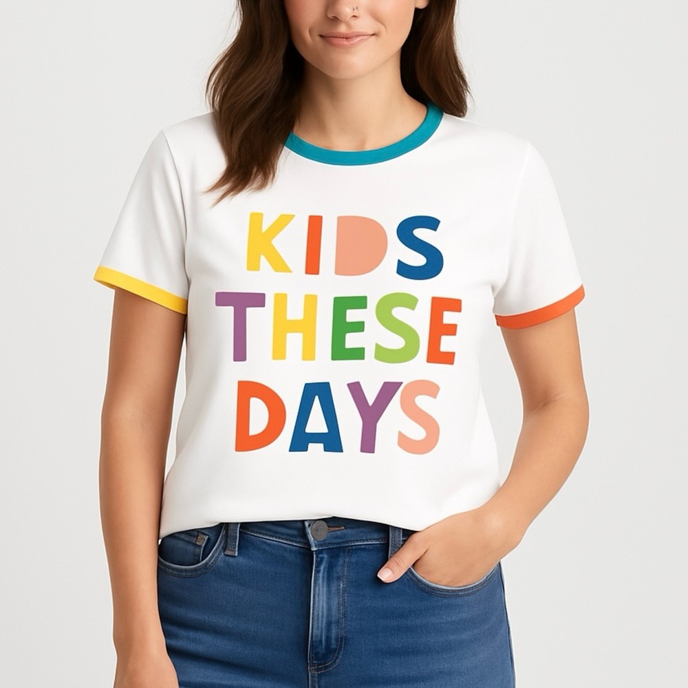June & January Kids These Days Ringer Tee Women’s L XL White Multi NWT
